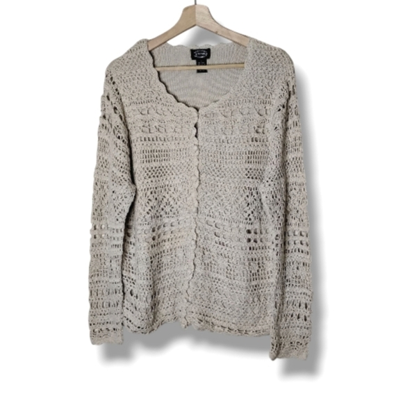 Designers Studio 1X Crochet Knit Cardigan Vintage Tan Cottagecore - Picture 1 of 7
